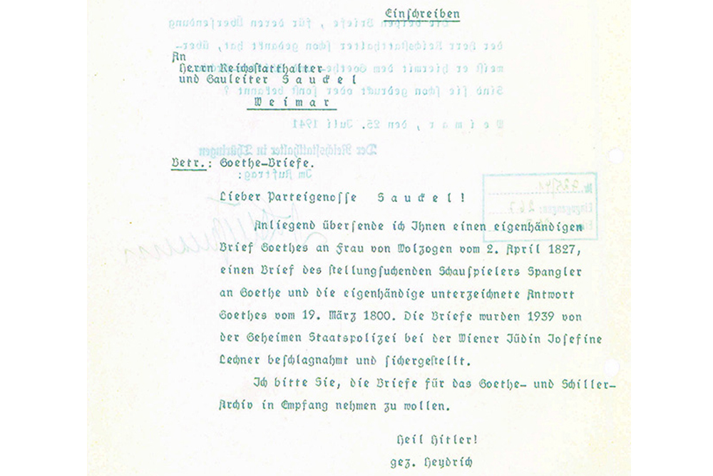 Schreiben von Reinhard Heydrich an Fritz Sauckel, NSDAP-Gauleiter in Thüringen, 16. Juli 1941: Damit übersendet Heydrich zwei Goethe-Briefe mit der Bitte, Sauckel möge diese an das Goethe- und Schiller-Archiv weiterleiten. © Klassik Stiftung Weimar