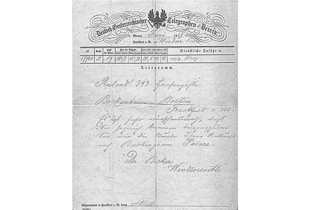 Telegramm von Dr. Ernst Becker an Carl Ruland, 18. Juni 1859, Privatbesitz Telegramm von Dr. Ernst Becker an Carl Ruland, 18. Juni 1859, Privatbesitz