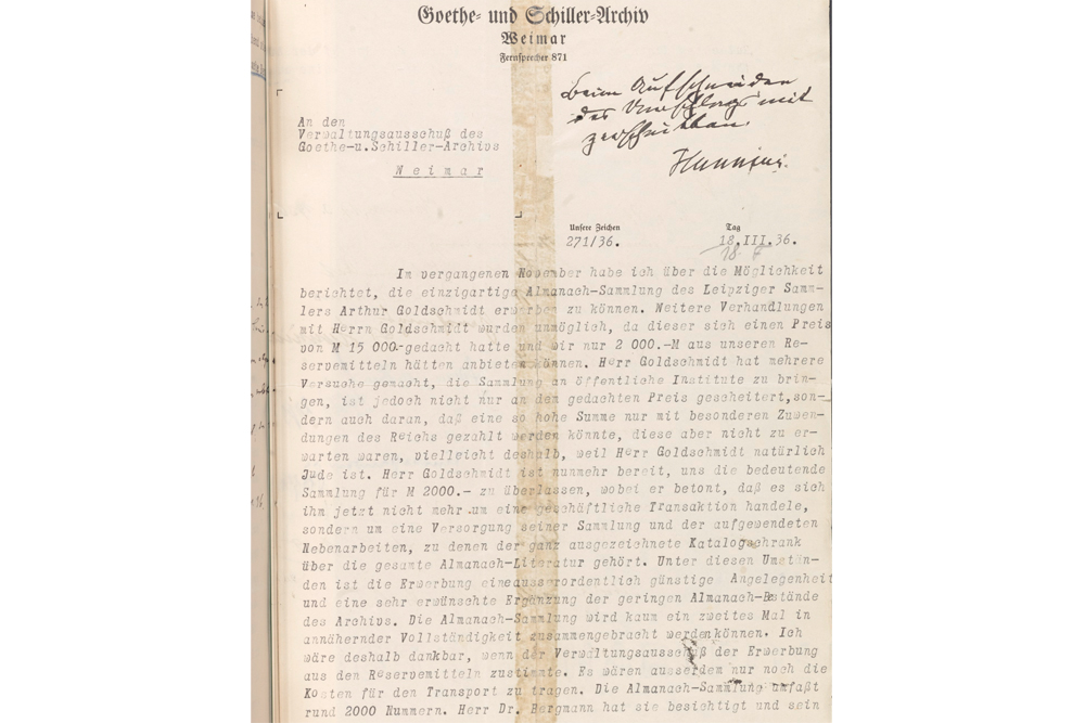 Brief von Hans Wahl, Direktor des Goethe- und Schiller-Archivs, an den Verwaltungsausschuss des Archivs über den Erwerb der Almanach-Sammlung Arthur Goldschmidts, 18. März 1936. © Klassik Stiftung Weimar
