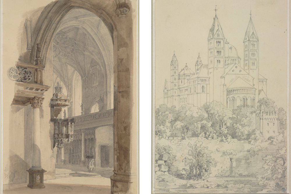 »Die Schlosskirche in Altenburg« und »Der Dom zu Speyer«. Beide Zeichnungen von Carl Ferdinand Sprosse gehörten zur Sammlung Berolzheimer. © Klassik Stiftung Weimar.