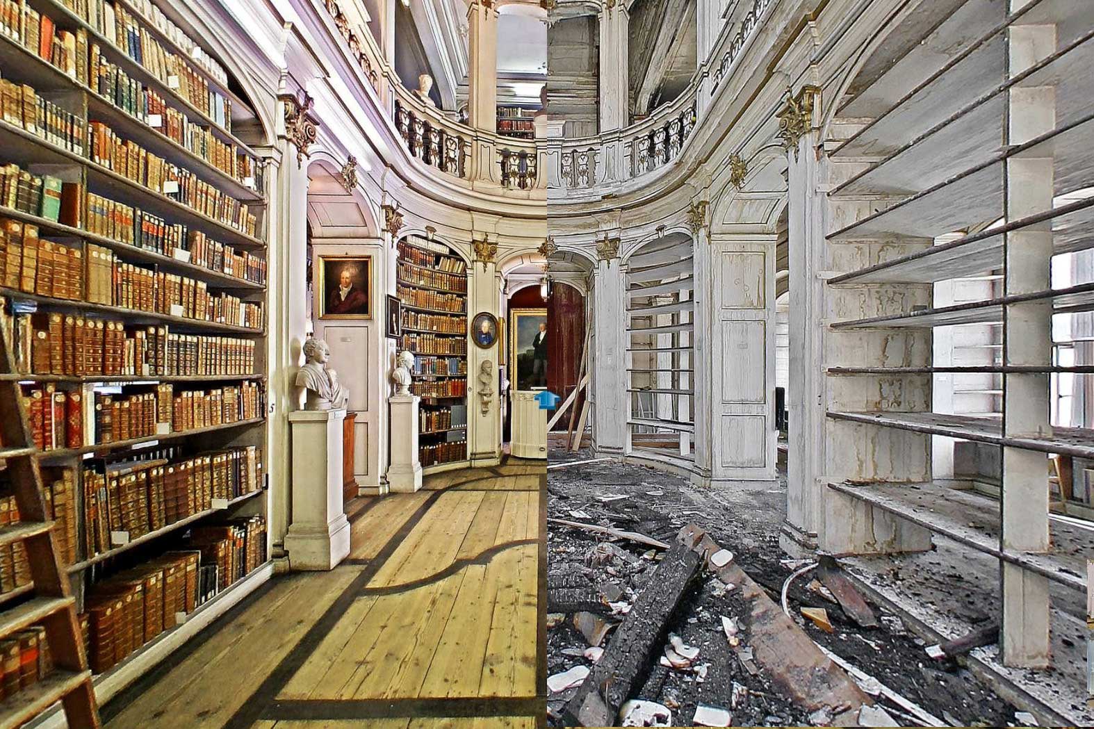 Blick in den Rokokosaal vor und nach dem Brand am 2. September 2004. Begeben Sie sich auf einen virtuelle Rundgang durch den berühmten Rokokosaal der Herzogin Anna Amalia Bibliothek: klassik-stiftung.de/HAAB/virtueller-Rundgang