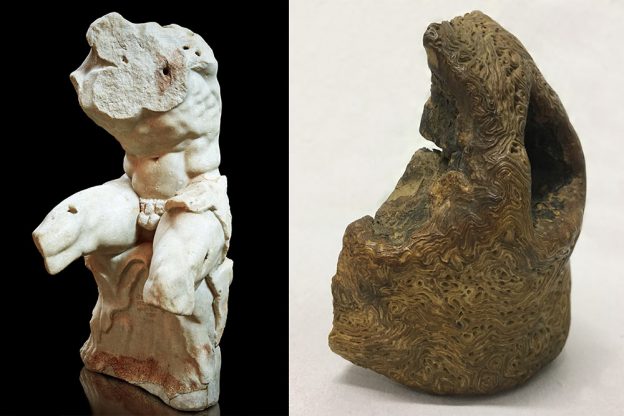 Maren Sendrowski stellt zwei Objekte gegenüber, die sie als Fragmente der Weimarer Geschichte interpretiert: Buchenwaldeiche und Torso von Belvedere. (Torso vom Belvedere © MuseoPics - Paul Williams / Alamy Stock Foto; Ein Fragment der Goethe-Eiche © Sammlung Gedenkstätte Buchenwald)