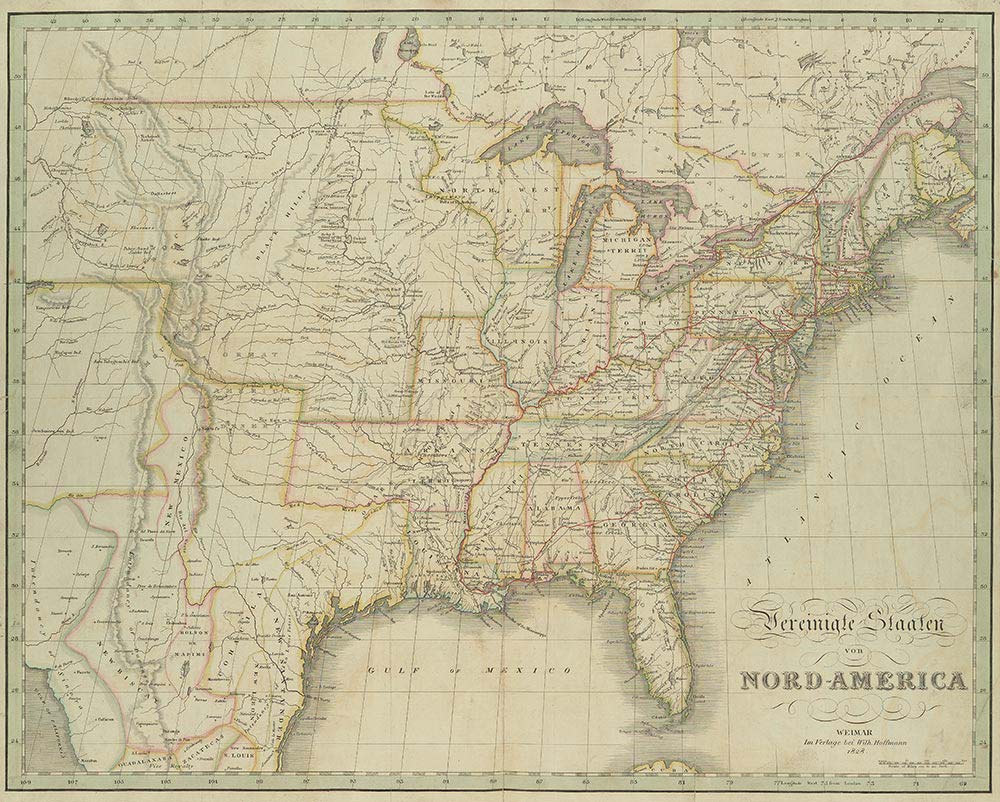 Verlag Wilhelm Hoffmann, Karte der Vereinigten Staaten von Nord-Amerika (mit in rot eingezeichneter Reiseroute), 1828, kolorierter Kupferstich, 44 x 66 cm © Klassik Stiftung Weimar