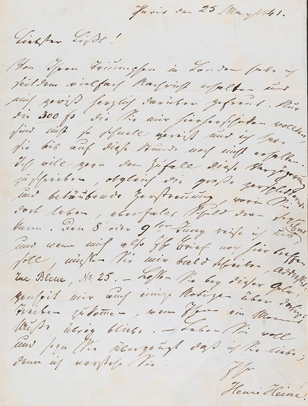 Brief von Heinrich Heine (1797-1856) an Franz Liszt (1811-1886), Paris, 25. Mai 1841, Goethe- und Schiller-Archiv 59/17,22