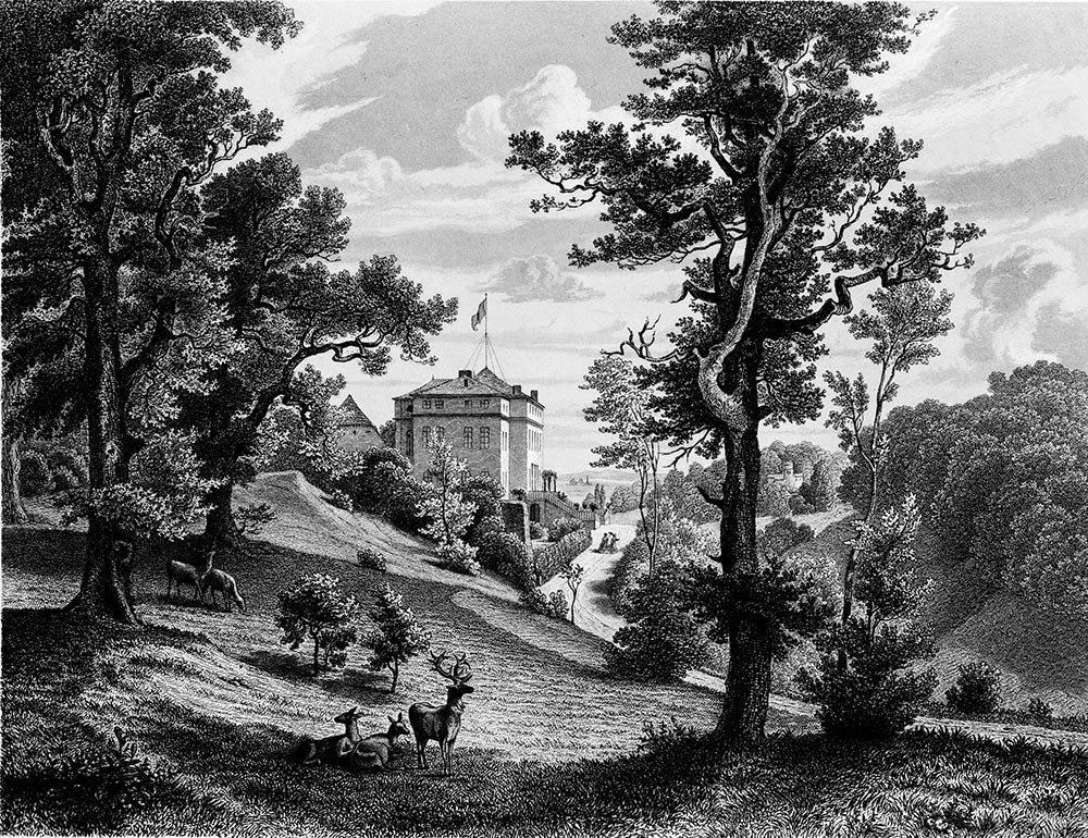 Blick vom Panoramaweg auf das Schloss Ettersburg. Lithographie, gezeichnet von Robert Bauer, gestochen von Hermann Gustav Brinckmann, nach 1850, Klassik Stiftung Weimar