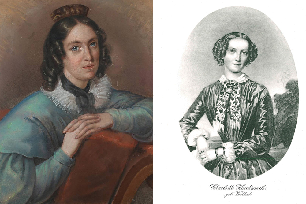 Ottilie von Goethe um 1845, Pastell von Louise Seidler, Klassik Stiftung Weimar. Rechts: Charlotte Hardtmuth geb. Voelkel, in: Edwin Redslob, Garten der Erinnerung. Ein Weimar-Buch, Hamburg 1928.