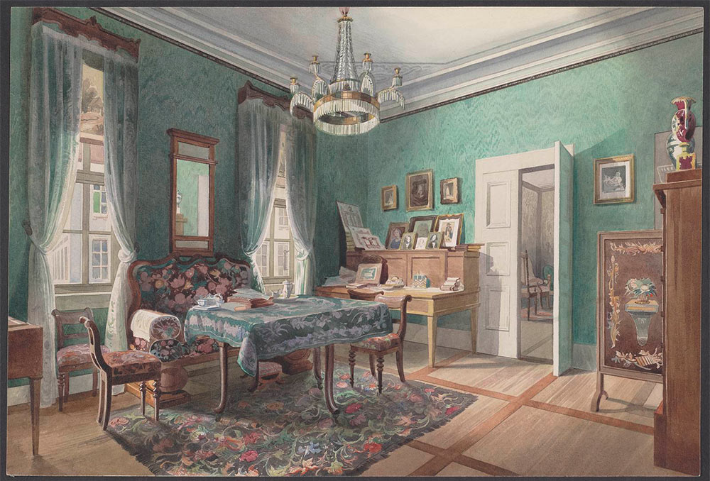 Wohnzimmer der Pogwischs im Völkelschen Haus, auf dem Schreibtisch Bildnisse von Walther und Wolfgang von Goethe, Klassik Stiftung Weimar