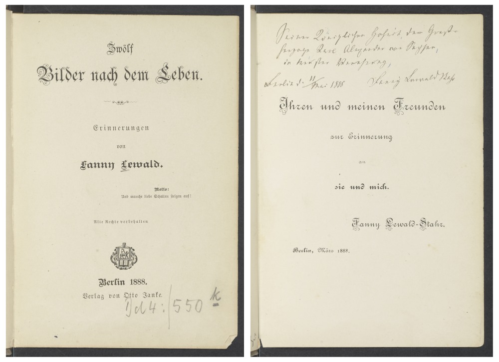 Fanny Lewald: Zwölf Bilder nach dem Leben. Erinnerungen. Berlin 1888. Sgn. Dd 4 550k, Klassik Stiftung Weimar.