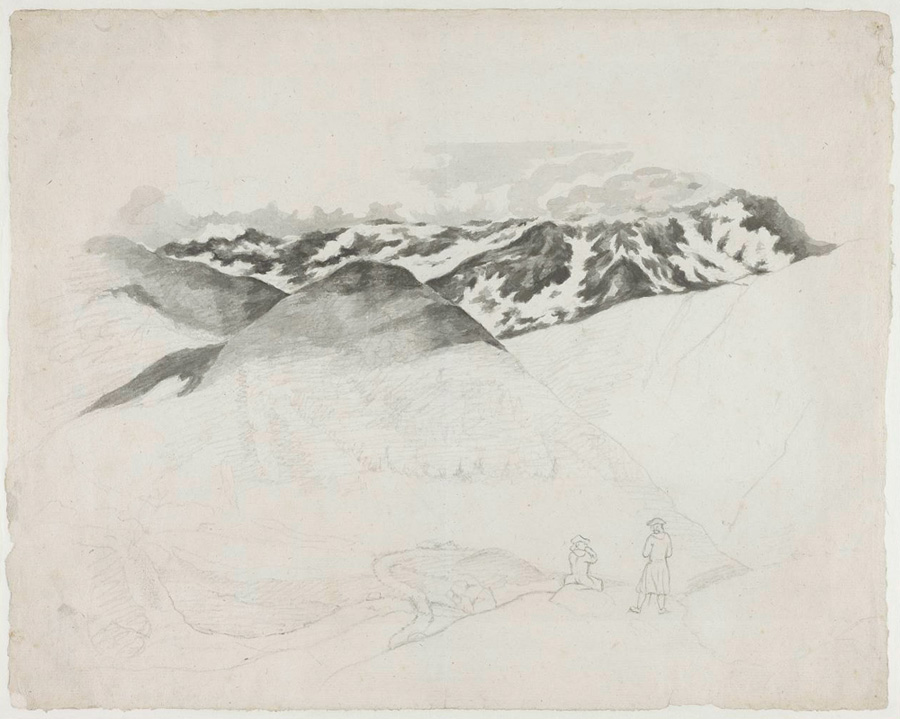 Johann Wolfgang von Goethe, »Scheideblick nach Italien von Sankt-Gotthard«, 1775, Bleistift, Pinsel in Grau