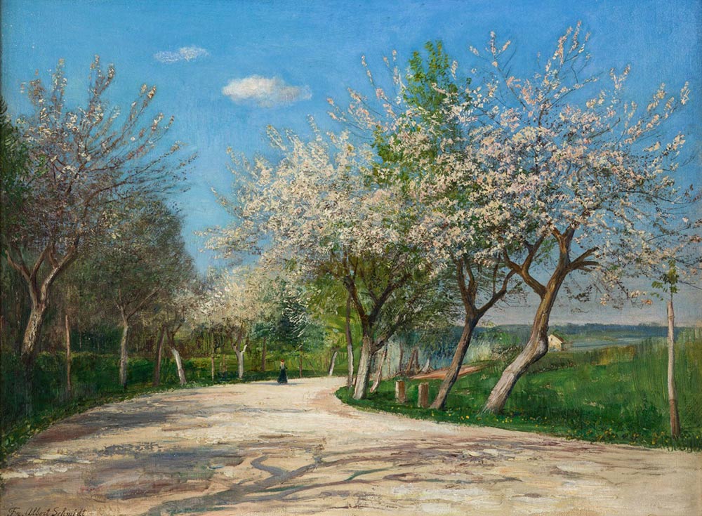 Friedrich Albert Schmidt, Blühende Obstbäume zur Berkaer Chaussée Friedrich Albert Schmidt, Blühende Obstbäume zur Berkaer Chaussée, Privatbesitz, © Klassik Stiftung Weimar, Foto: Alexander Burzik