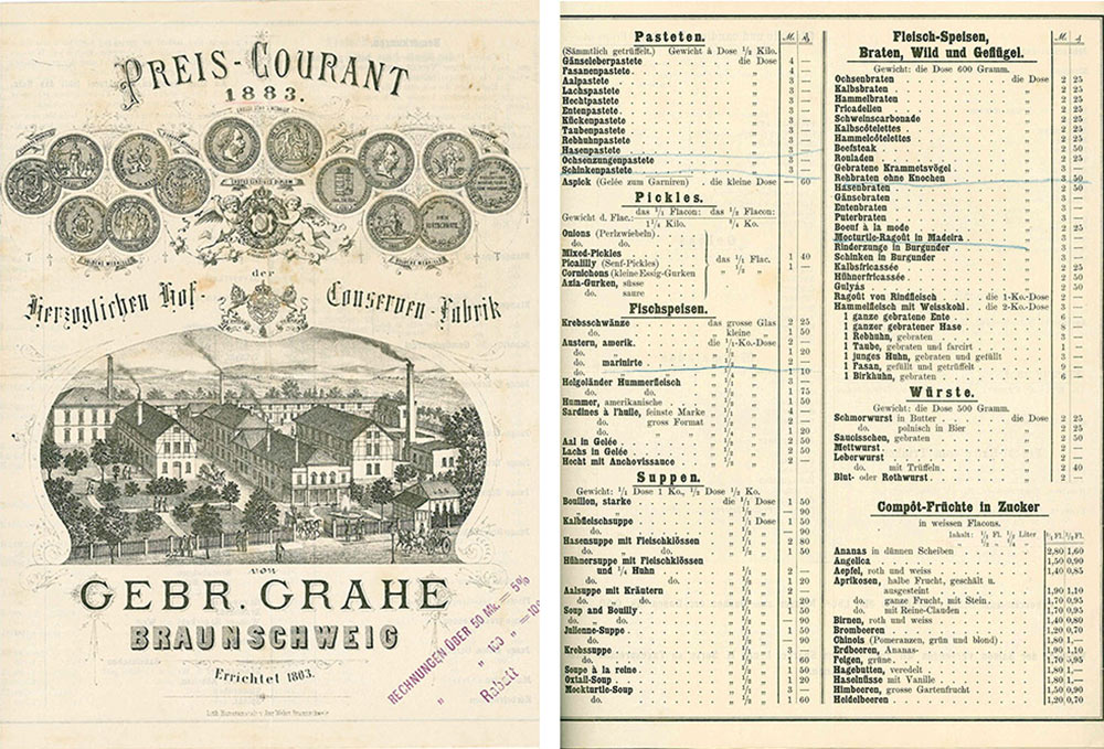 Konservenbestellung auf dem ›Preis-Courant der Herzoglichen Hof-Conserven-Fabrik von Gebr. Grahe‹, Braunschweig 1883, Liszts Anstreichungen mit Blaustift, Klassik Stiftung Weimar