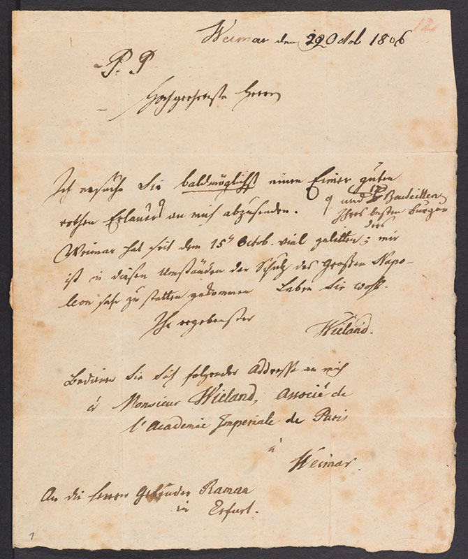 Weinbestellung im Brief an die Gebrüder Ramann, Weimar, 22. Oktober 1806, Klassik Stiftung Weimar