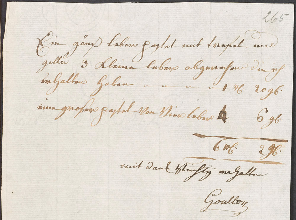 Eine Quittung von René François le Goullon aus Goethes Rechnungsunterlagen; geliefert wurden Gänseleberpastete mit Trüffel und Gelée, drei kleine Lebern sowie eine große Pastete von vier Lebern für insgesamt 6 Taler und 2 Groschen