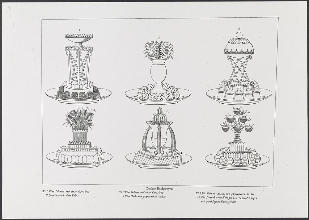 Kupferstich von Zuckerbäckereien aus René François le Goullons »Der neue Apicius oder die Bewirthung vornehmer Gäste« von 1829 Kupferstich von Zuckerbäckereien aus René François le Goullons »Der neue Apicius oder die Bewirthung vornehmer Gäste« von 1829