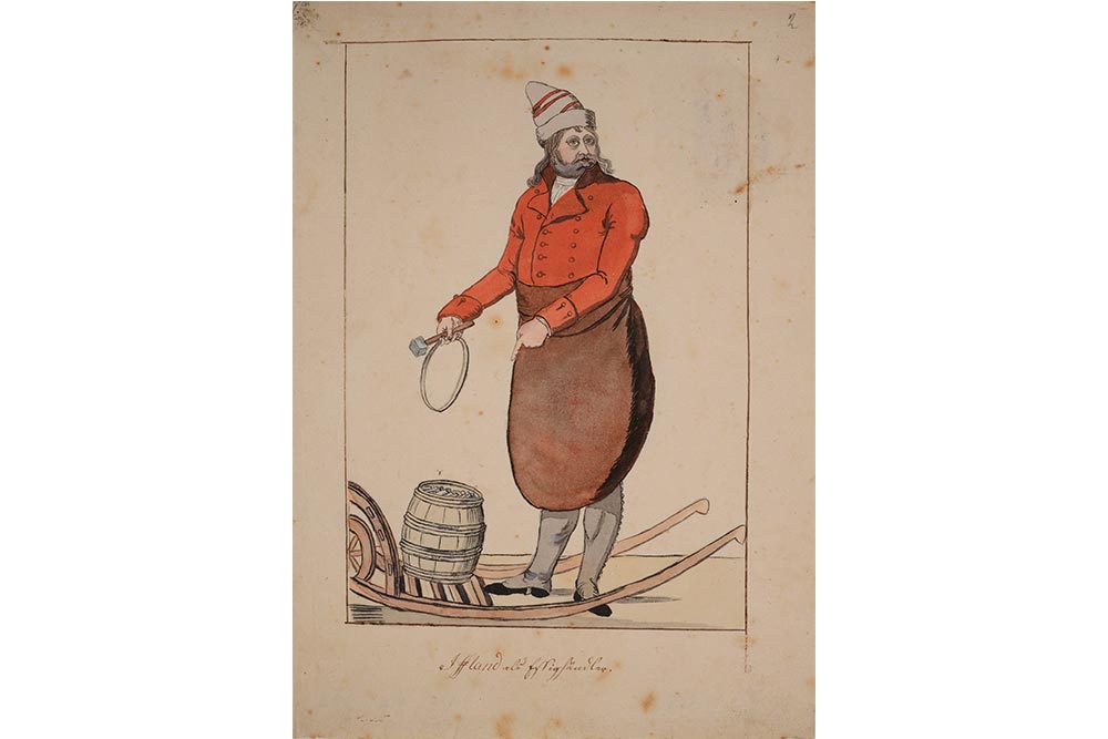 August Wilhelm Iffland als Essighändler in »Der Essigmann mit seinem Schubkarrn August Wilhelm Iffland als Essighändler in »Der Essigmann mit seinem Schubkarrn. Ein Drama von drei Akten« aus dem Französischen von Louis Sébastien Mercier; Aquarellierte Federzeichnung eines unbekannten Künstlers