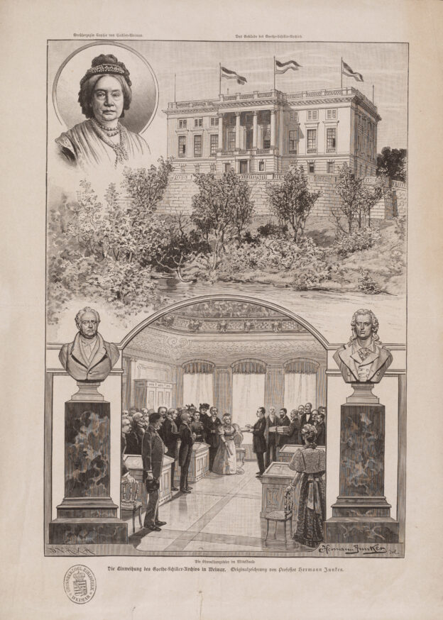 Die Gründung des Archivs geht auf das Testament des letzten Goethe-Enkels Walther zurück, durch dessen Verfügung der Goethesche Nachlass am 15. April 1885 in den Besitz der Großherzogin Sophie von Sachsen-Weimar-Eisenach (oben links) gelangte. Foto: ©Klassik Stiftung