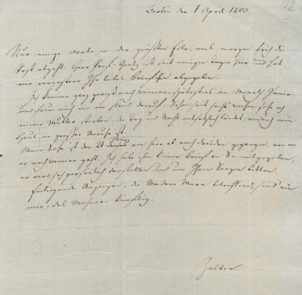 Brief von Karl Friedrich Zelter an Goethe vom 1. April 1809. Foto: Klassik Stiftung Weimar