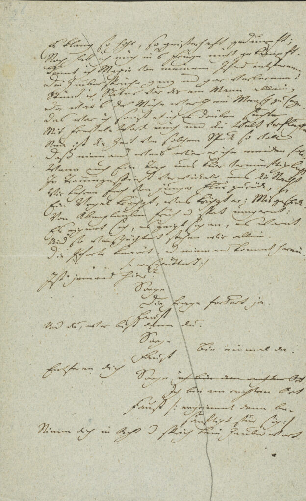  Johann Wolfgang von Goethe, Faust II, 5. Akt, Mitternacht (Verse 11402–11423), eigenhändiger Entwurf in Tinte, durch Streichung mit Bleistift als erledigt markiert. Foto: Klassik Stiftung Weimar 